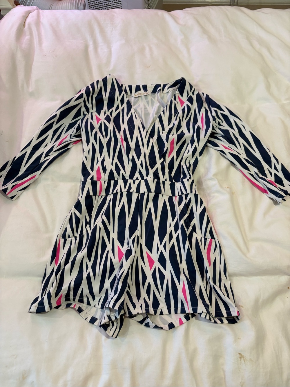 Mahi Gold Navy & White Wrap Romper with Pink Accents